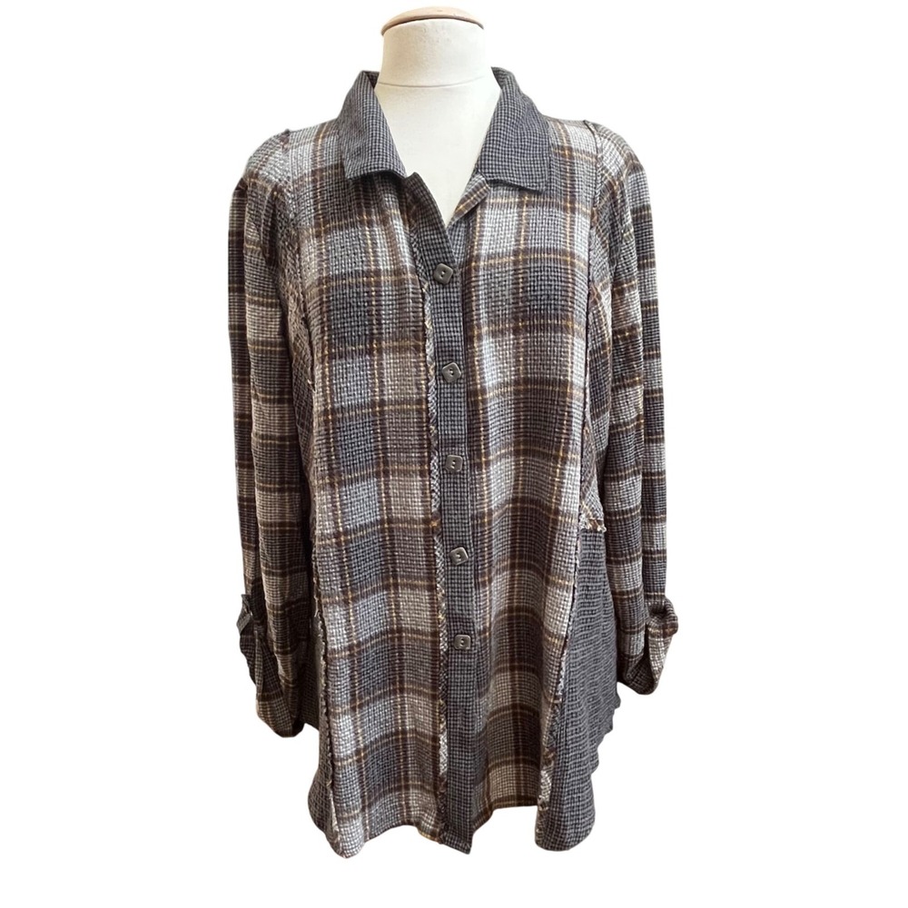 Habitat Womens Plaid Houndstooth Button Up Shirt Tab Sleeve Black Gray Size XL